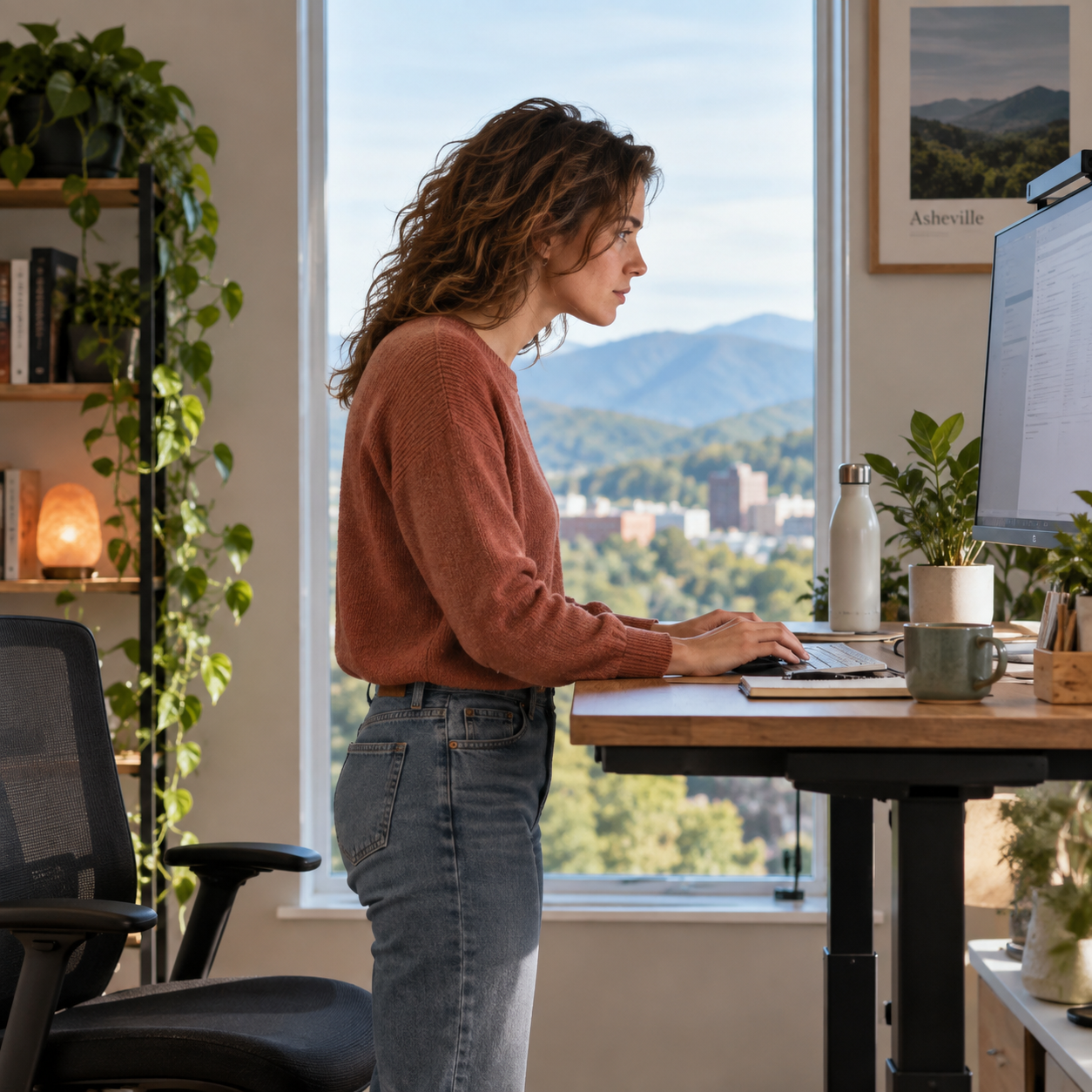 desk worker at a standing desk with the head positioned forward of the shoulders, Asheville, NC.
